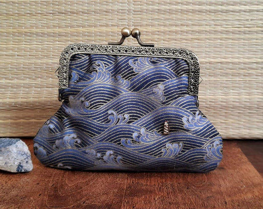 Lighthouse In A Storm Blue Gold Wave Cotton Clasp Wallet