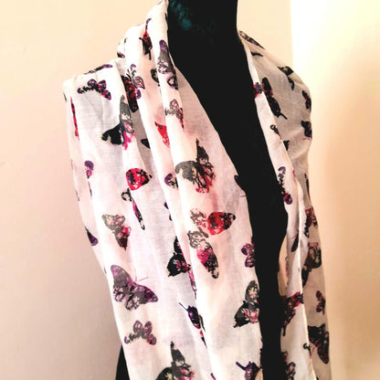 Vintage Y2k 2000s White Pink Purple Butterfly Print Snood Scarf/Shawl