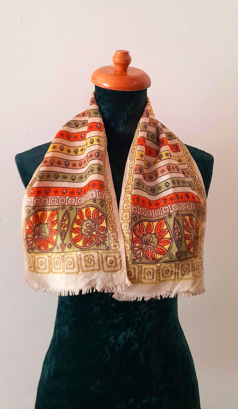 Vintage 70s Pale Gold Ethnic Print Silky Unisex Neckerchief/Hair Scarf