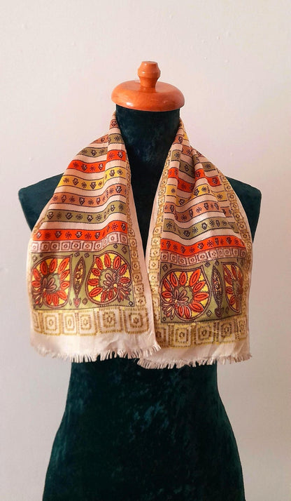 Vintage 70s Pale Gold Ethnic Print Silky Unisex Neckerchief/Hair Scarf