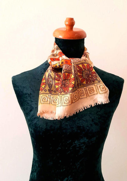 Vintage 70s Pale Gold Ethnic Print Silky Unisex Neckerchief/Hair Scarf