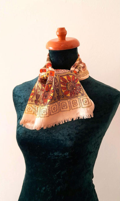 Vintage 70s Pale Gold Ethnic Print Silky Unisex Neckerchief/Hair Scarf