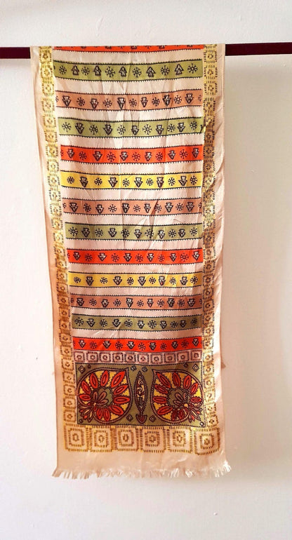 Vintage 70s Pale Gold Ethnic Print Silky Unisex Neckerchief/Hair Scarf