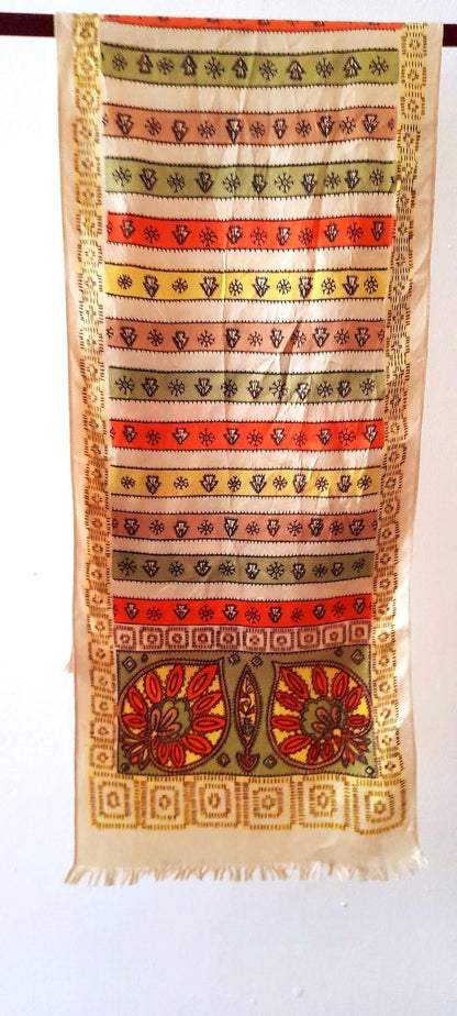 Vintage 70s Pale Gold Ethnic Print Silky Unisex Neckerchief/Hair Scarf