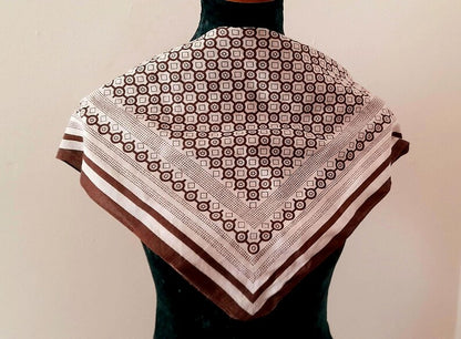 Retro Vintage 1970s Brown White Geometric Tile Print Cotton Unisex Neckerchief/Bandana/Head Scarf