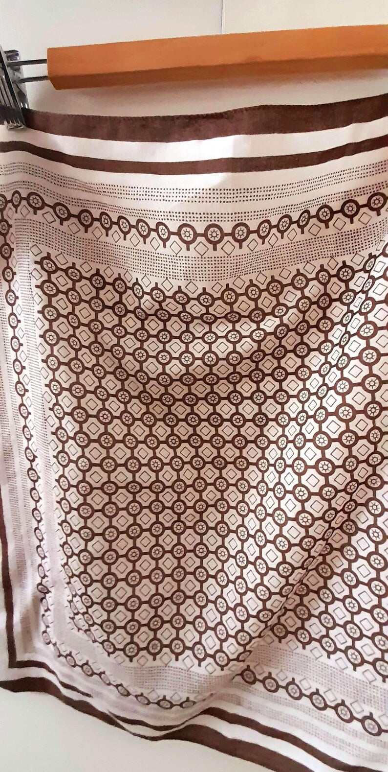 Retro Vintage 1970s Brown White Geometric Tile Print Cotton Unisex Neckerchief/Bandana/Head Scarf