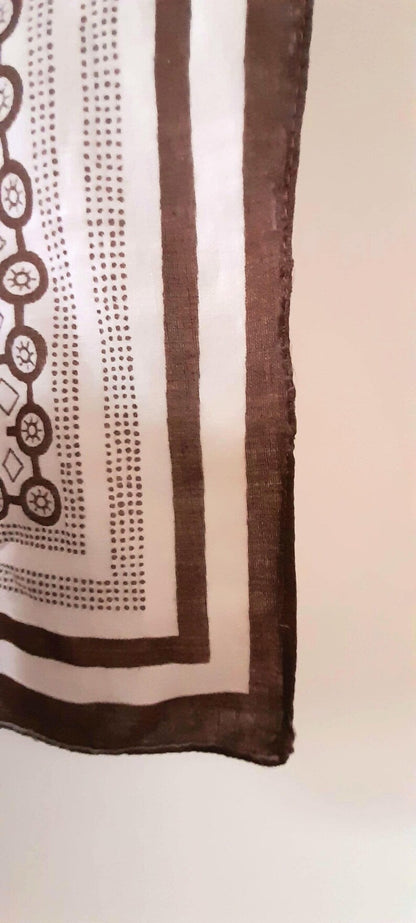 Retro Vintage 1970s Brown White Geometric Tile Print Cotton Unisex Neckerchief/Bandana/Head Scarf