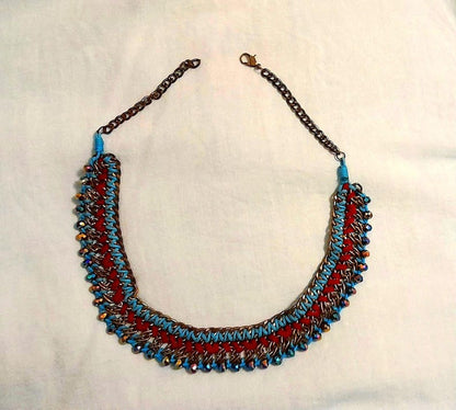 Vintage Y2K Bronze Peacock Velvet Ribbon Cord Beaded Collar Necklace