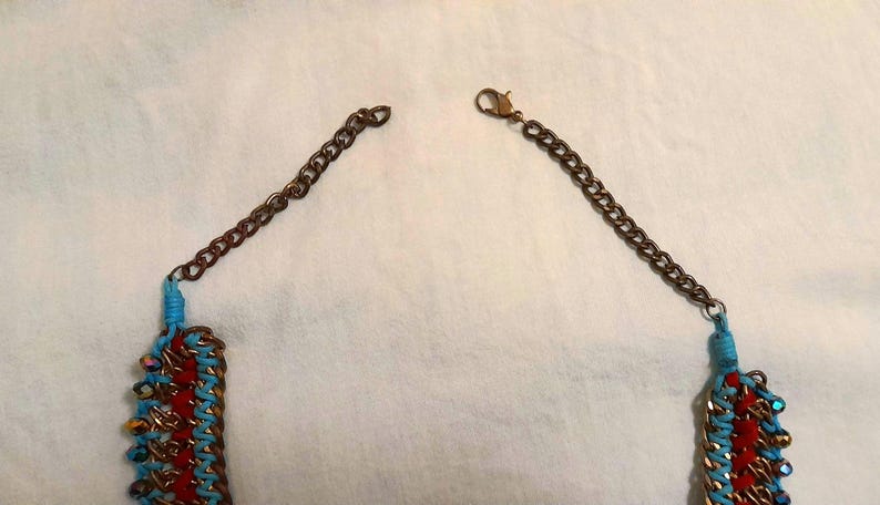 Vintage Y2K Bronze Peacock Velvet Ribbon Cord Beaded Collar Necklace