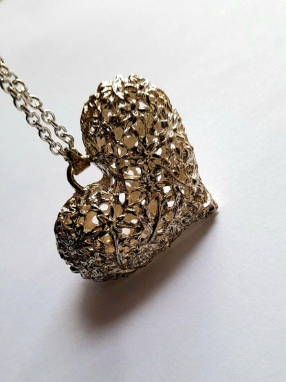 Sterling Silver Filigree Floral Vintage Heart Pendant Necklace
