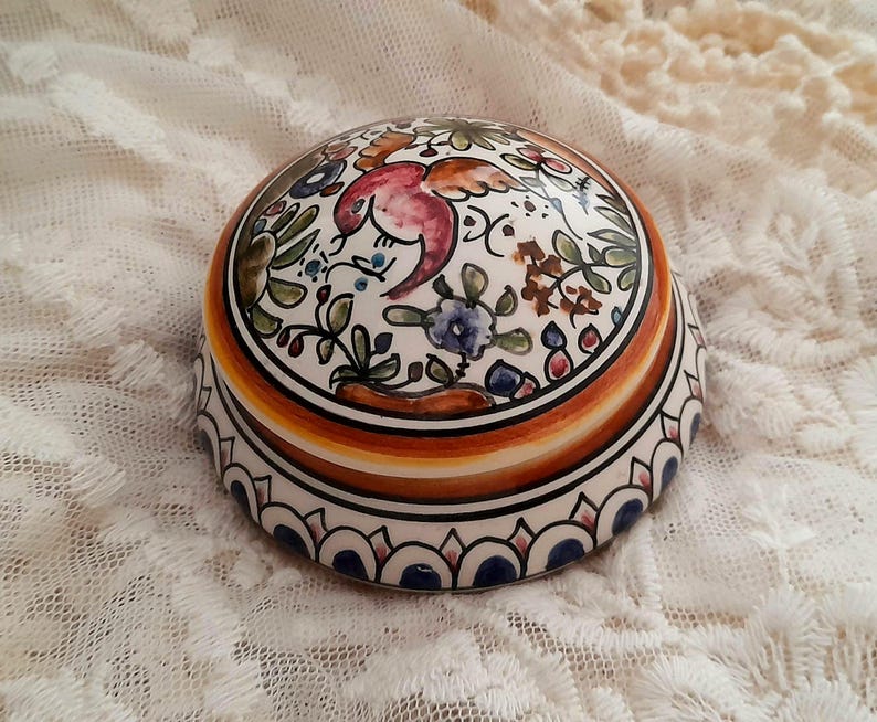 Handpainted Bird & Flowers Portuguese Ceramic Vintage Lidded Pot