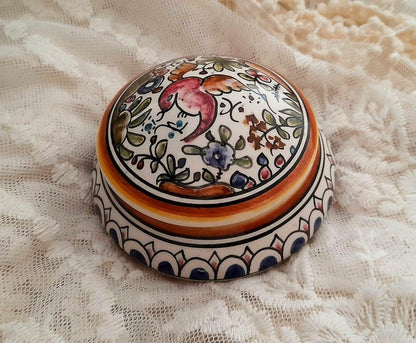 Handpainted Bird & Flowers Portuguese Ceramic Vintage Lidded Pot