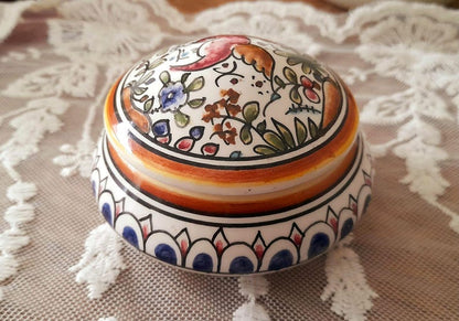 Handpainted Bird & Flowers Portuguese Ceramic Vintage Lidded Pot