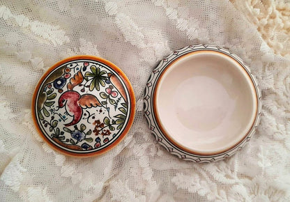 Handpainted Bird & Flowers Portuguese Ceramic Vintage Lidded Pot