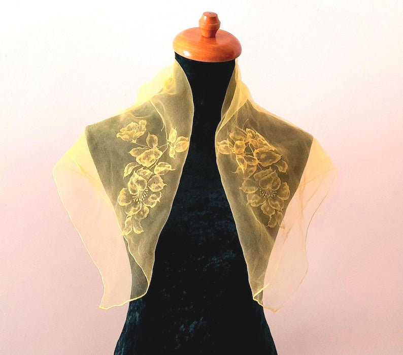 Vintage 1950s Retro Yellow Sheer Chiffon Floral Print Square Scarf