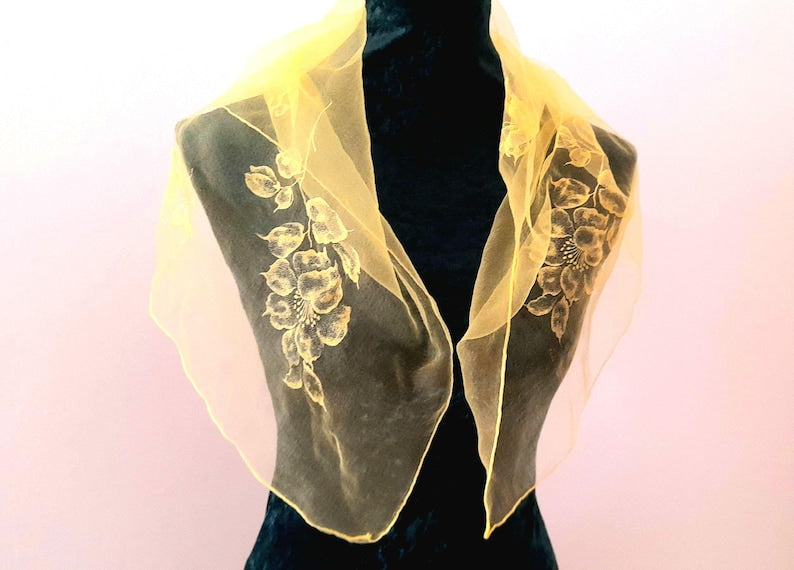 Vintage 1950s Retro Yellow Sheer Chiffon Floral Print Square Scarf