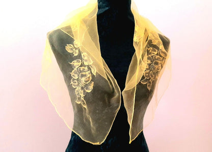 Vintage 1950s Retro Yellow Sheer Chiffon Floral Print Square Scarf