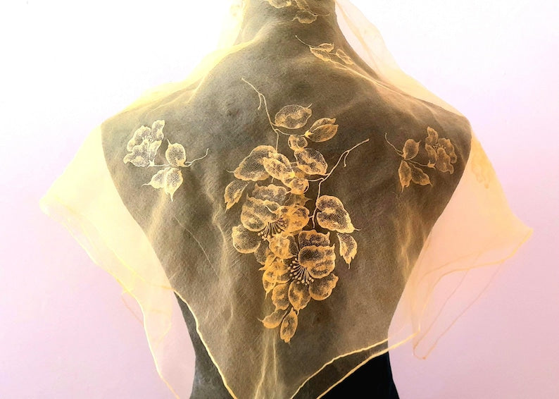 Vintage 1950s Retro Yellow Sheer Chiffon Floral Print Square Scarf