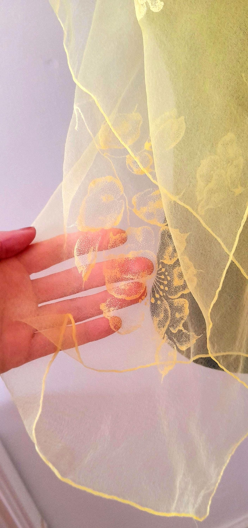 Vintage 1950s Retro Yellow Sheer Chiffon Floral Print Square Scarf