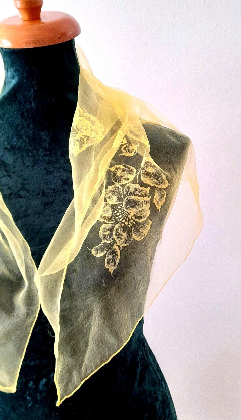 Vintage 1950s Retro Yellow Sheer Chiffon Floral Print Square Scarf