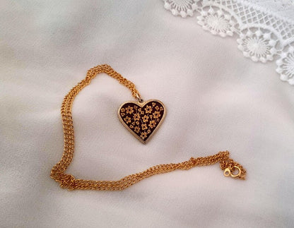 Gold Damascene Vintage 1960s Enamel Floral Heart Pendant