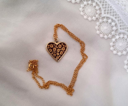 Gold Damascene Vintage 1960s Enamel Floral Heart Pendant