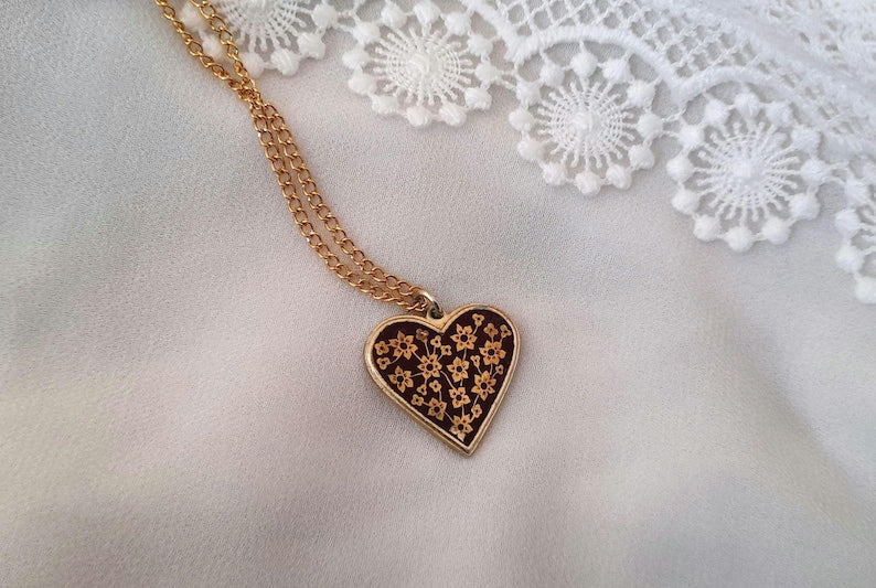 Gold Damascene Vintage 1960s Enamel Floral Heart Pendant