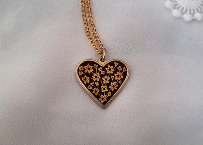 Gold Damascene Vintage 1960s Enamel Floral Heart Pendant