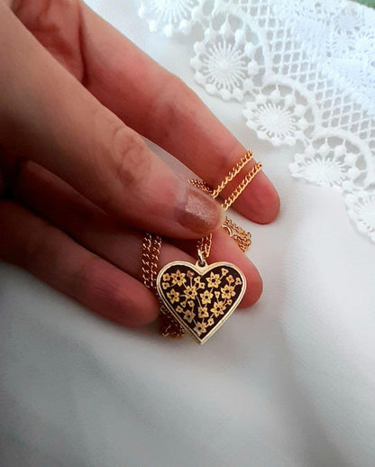 Gold Damascene Vintage 1960s Enamel Floral Heart Pendant