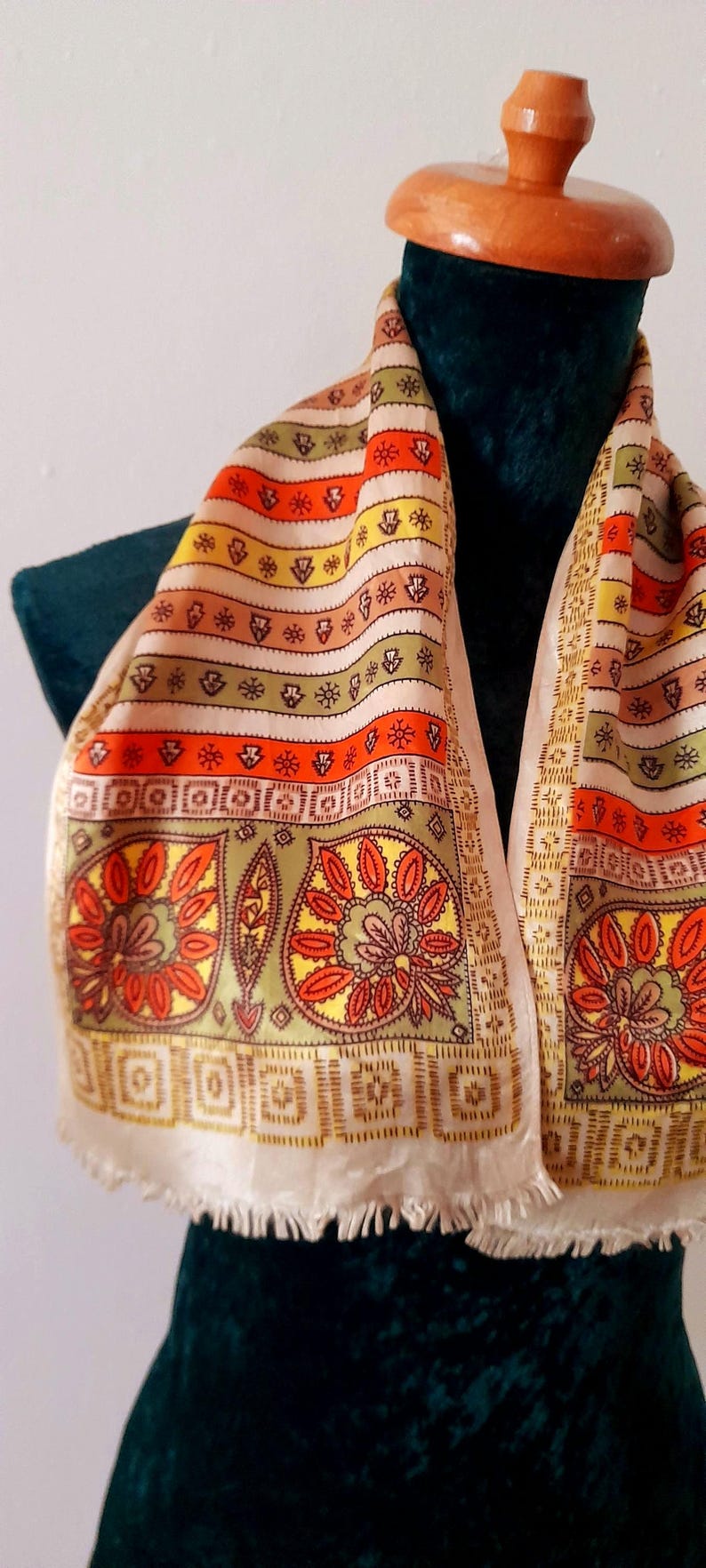 Vintage 70s Pale Gold Ethnic Print Silky Unisex Neckerchief/Hair Scarf