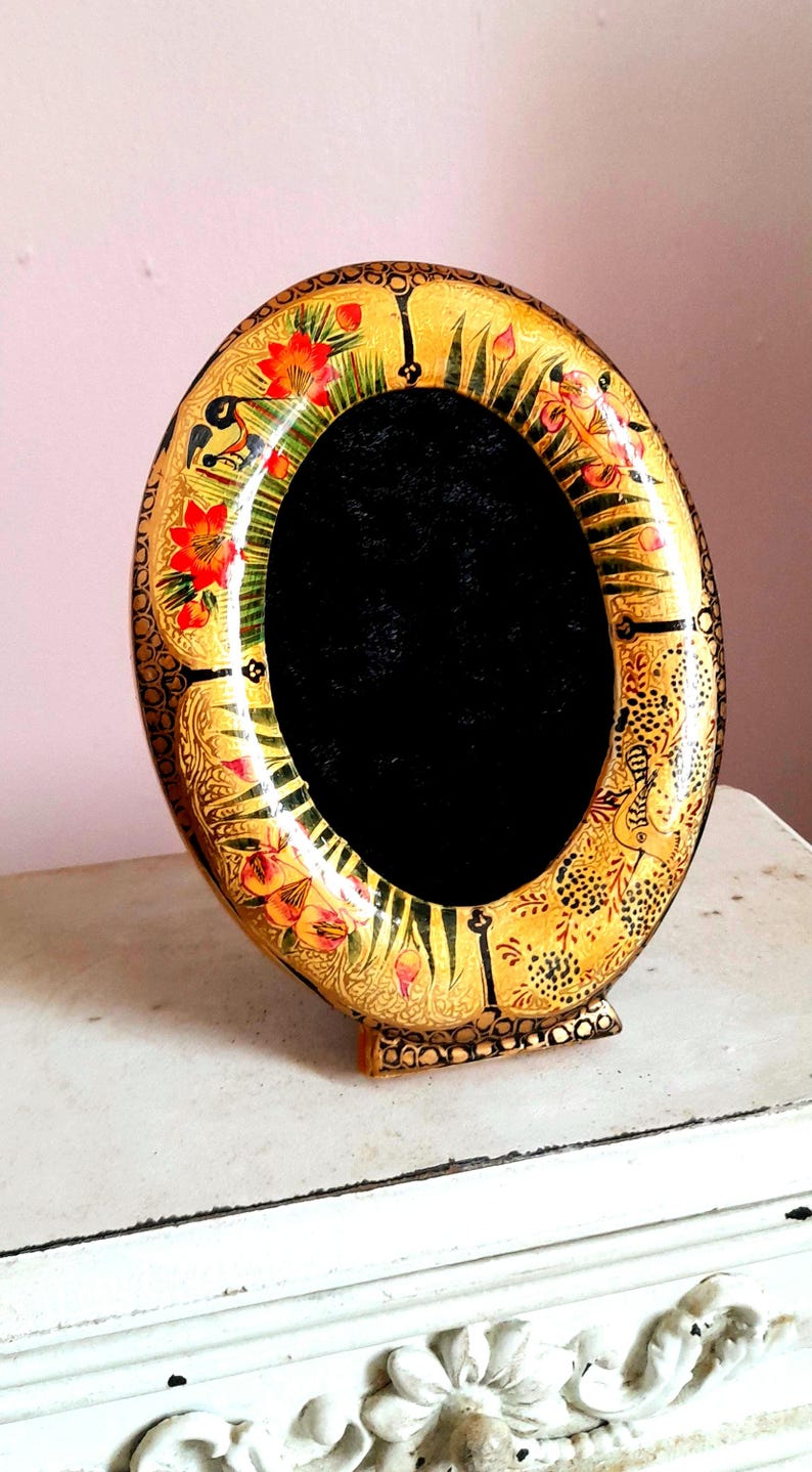 Vintage Indian Kashmir Handpainted Small Wood Velvet Picture Frame