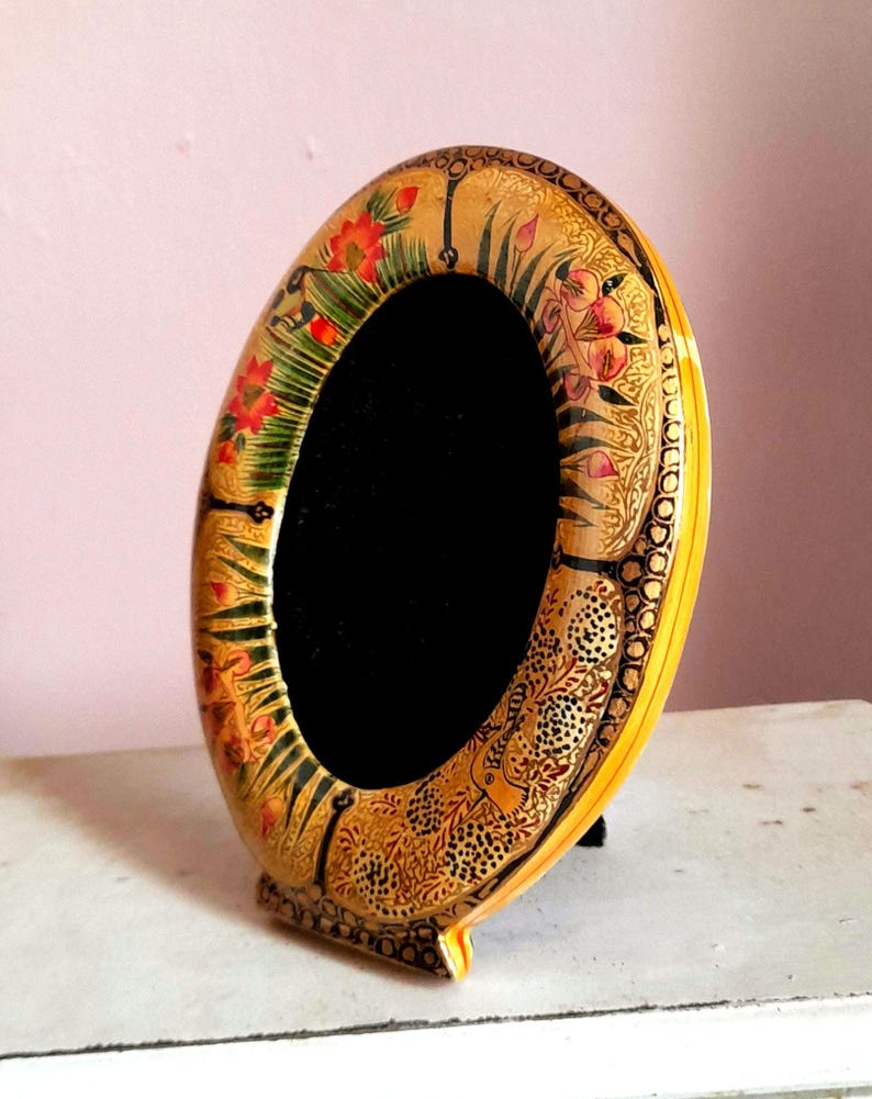 Vintage Indian Kashmir Handpainted Small Wood Velvet Picture Frame