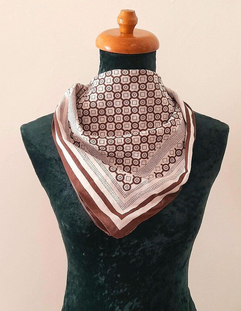 Retro Vintage 1970s Brown White Geometric Tile Print Cotton Unisex Neckerchief/Bandana/Head Scarf