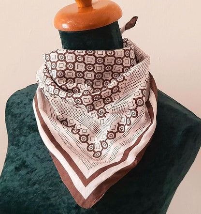Retro Vintage 1970s Brown White Geometric Tile Print Cotton Unisex Neckerchief/Bandana/Head Scarf