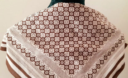 Retro Vintage 1970s Brown White Geometric Tile Print Cotton Unisex Neckerchief/Bandana/Head Scarf