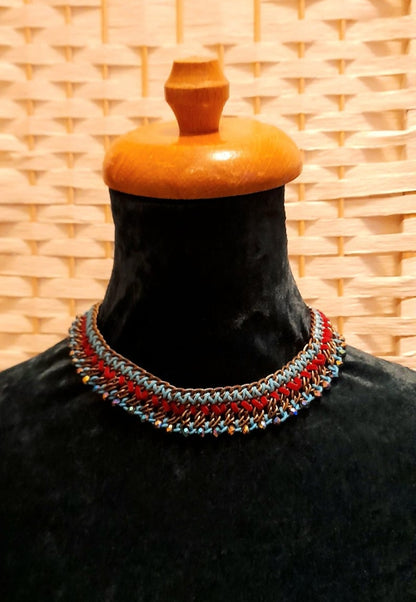 Vintage Y2K Bronze Peacock Velvet Ribbon Cord Beaded Collar Necklace