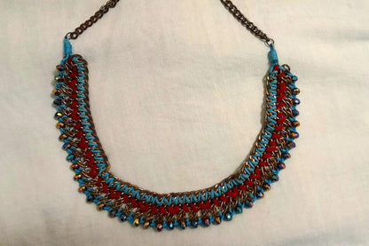 Vintage Y2K Bronze Peacock Velvet Ribbon Cord Beaded Collar Necklace