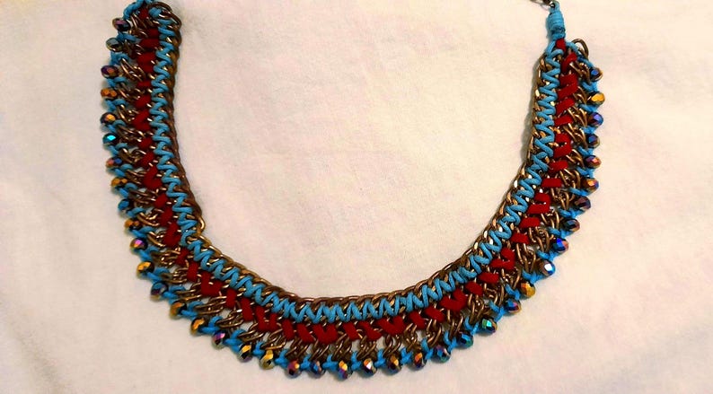 Vintage Y2K Bronze Peacock Velvet Ribbon Cord Beaded Collar Necklace