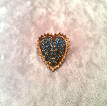 Vintage 1950s Goldtone Metal Light Blue Sparkling Studded Rhinestone Heart Pin Brooch