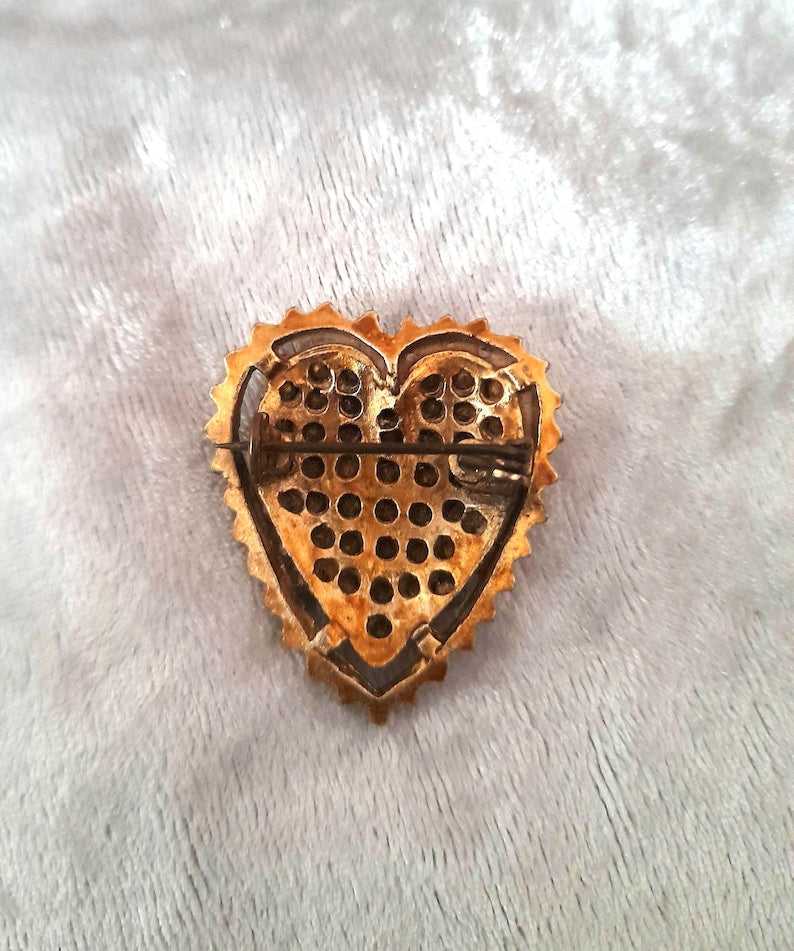 Vintage 1950s Goldtone Metal Light Blue Sparkling Studded Rhinestone Heart Pin Brooch
