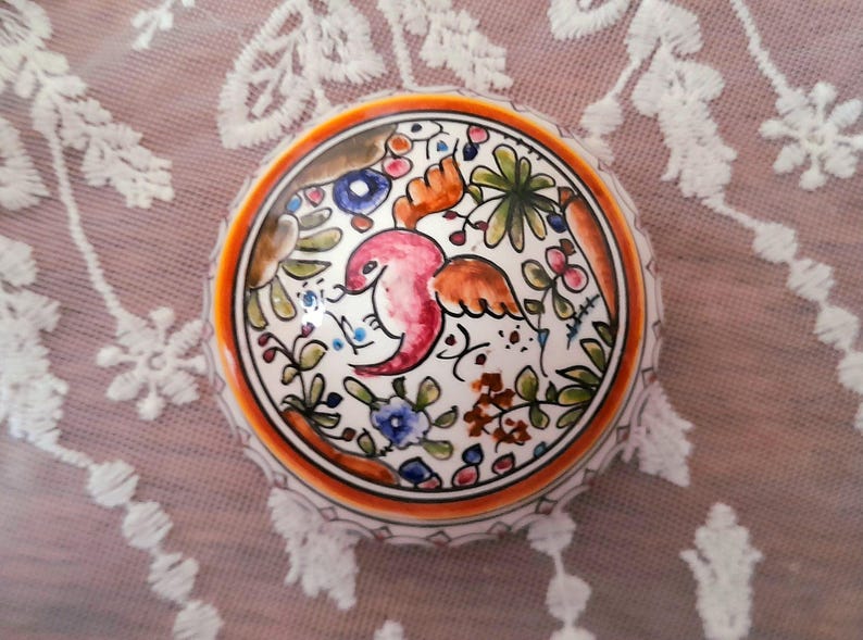 Handpainted Bird & Flowers Portuguese Ceramic Vintage Lidded Pot
