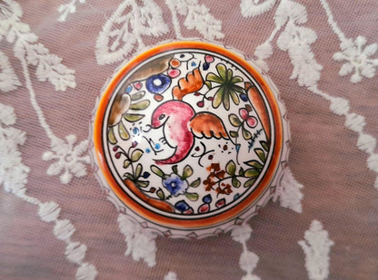 Handpainted Bird & Flowers Portuguese Ceramic Vintage Lidded Pot