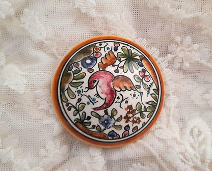 Handpainted Bird & Flowers Portuguese Ceramic Vintage Lidded Pot