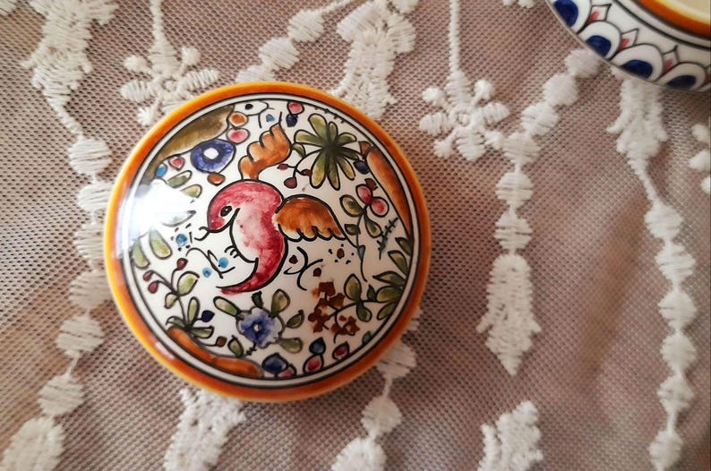 Handpainted Bird & Flowers Portuguese Ceramic Vintage Lidded Pot