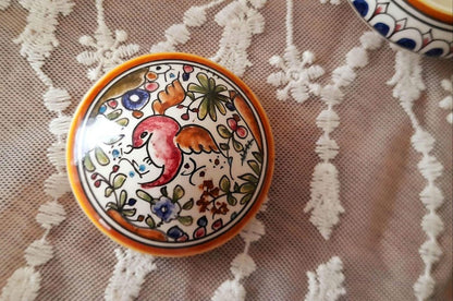 Handpainted Bird & Flowers Portuguese Ceramic Vintage Lidded Pot