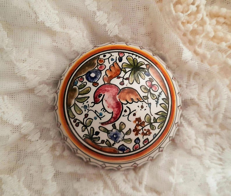 Handpainted Bird & Flowers Portuguese Ceramic Vintage Lidded Pot