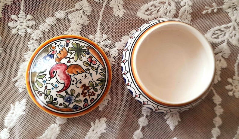 Handpainted Bird & Flowers Portuguese Ceramic Vintage Lidded Pot