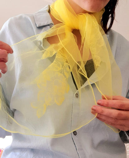 Vintage 1950s Retro Yellow Sheer Chiffon Floral Print Square Scarf