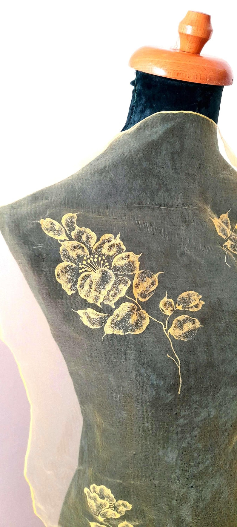 Vintage 1950s Retro Yellow Sheer Chiffon Floral Print Square Scarf