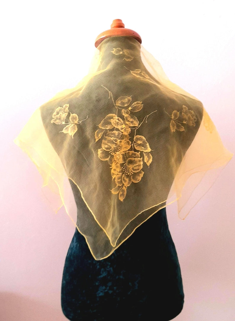 Vintage 1950s Retro Yellow Sheer Chiffon Floral Print Square Scarf